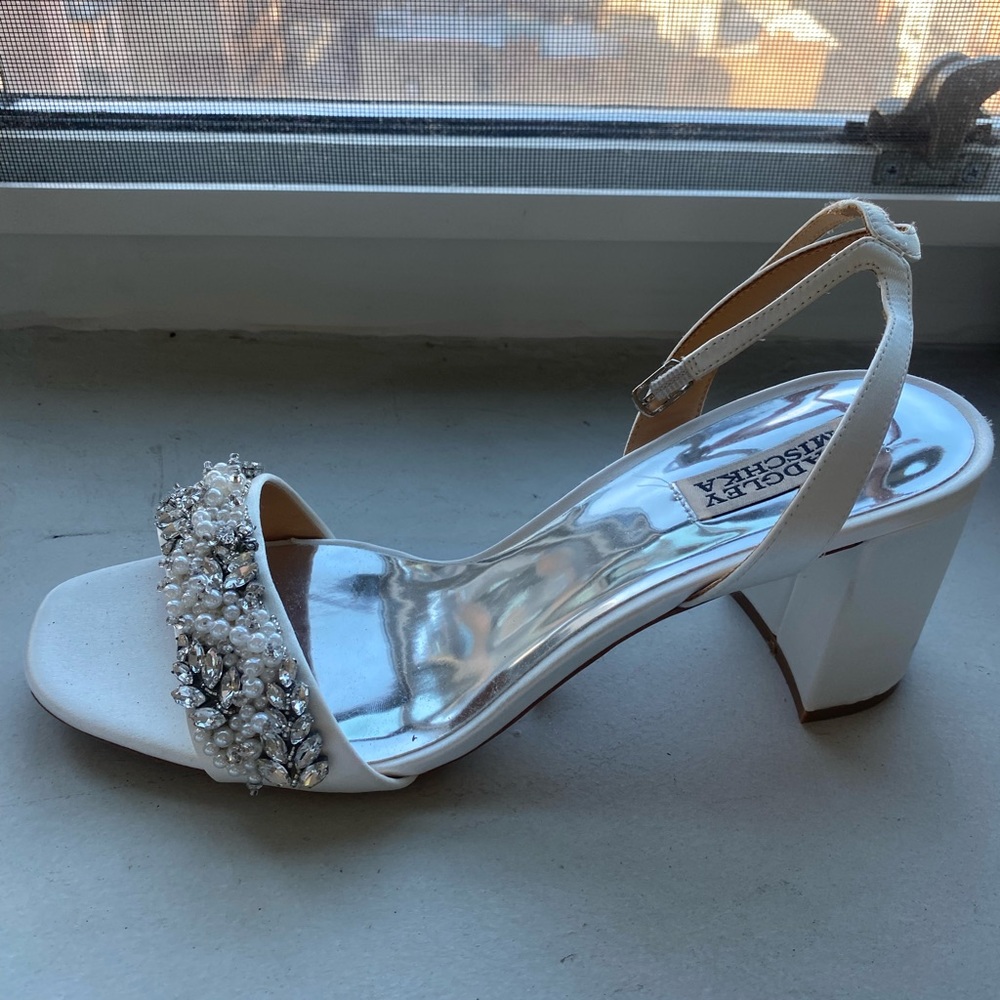 Badgley Mischka size 10 heels, white with rhinestone and pearl detail